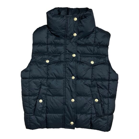 J Crew Jacket Women’s XS Black Vest Cropped Puffer PrimaLoft Gold Buttons Zip - Picture 1 of 10